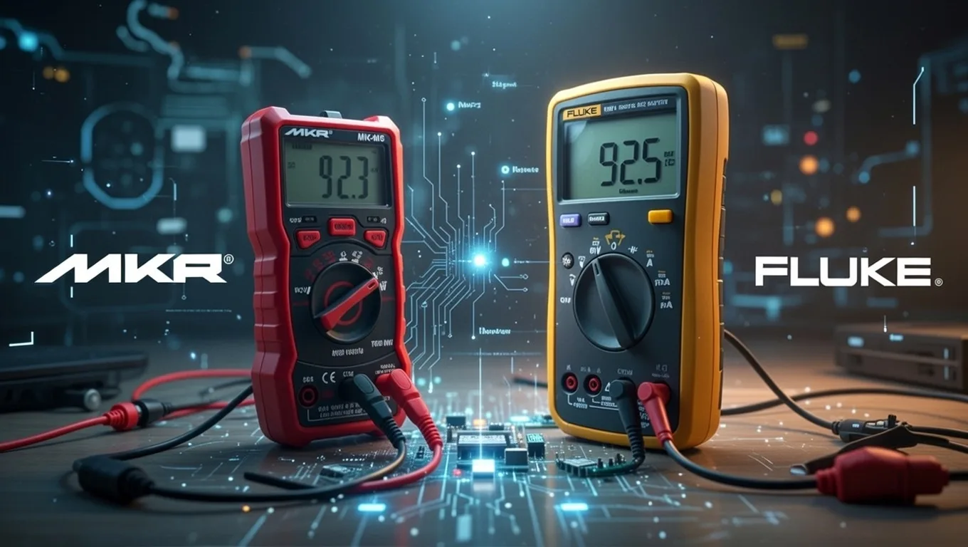 Кадр из видео: мультиметры MKR MK-M5 и Fluke рядом на столе